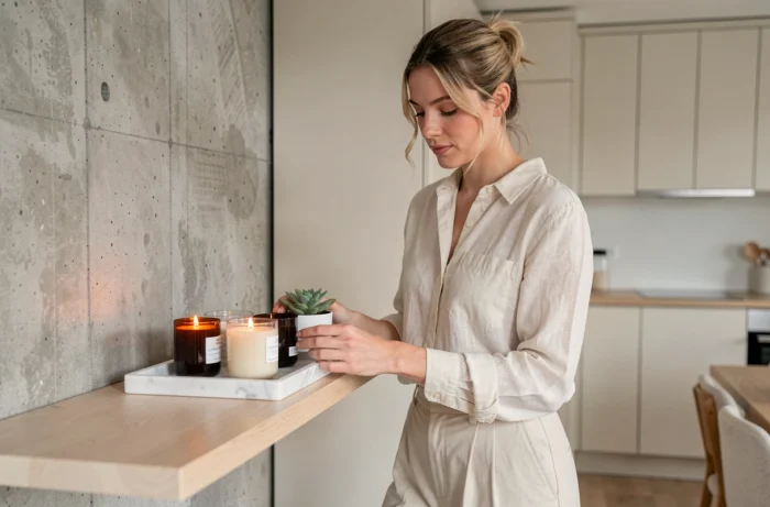 Femme arrangeant des bougies parfumées et une plante succulente sur un plateau en marbre pour décorer une étagère avec style