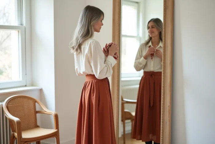Femme mature aux cheveux argentés essayant une tenue tendance dans un dressing moderne et lumineux