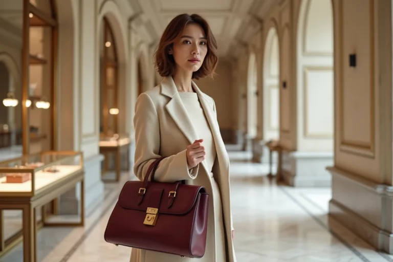 Femme élégante en manteau cachemire crème tenant un sac en cuir bordeaux dans une boutique de luxe parisienne aux sols en marbre