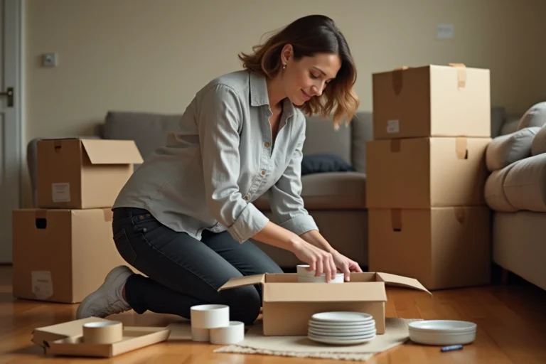 Femme en train d'emballer soigneusement de la vaisselle dans des cartons lors d'un déménagement organisé