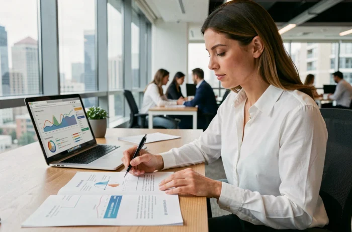 Femme entrepreneur analysant des stratégies marketing sur documents et ordinateur portable dans un bureau moderne