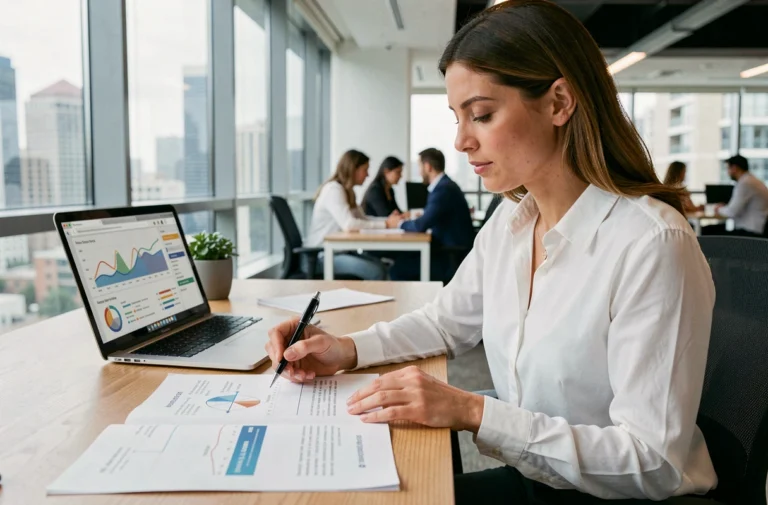 Femme entrepreneur analysant des stratégies marketing sur documents et ordinateur portable dans un bureau moderne