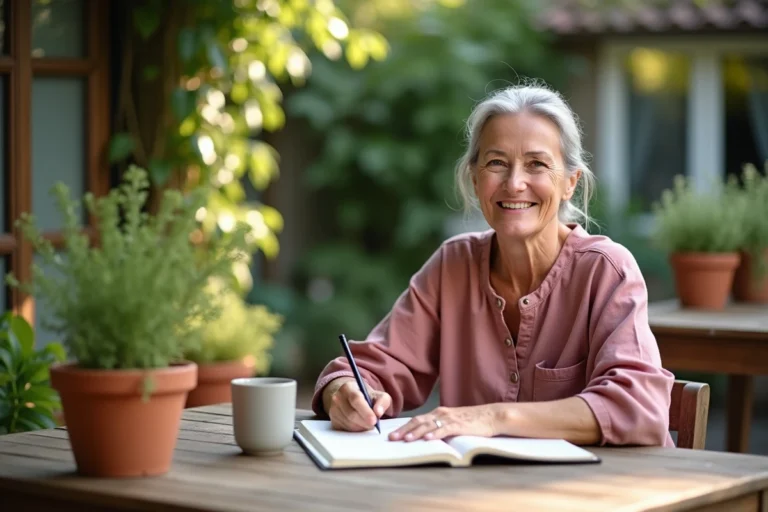 Femme épanouie de 60 ans écrivant dans un journal sur une terrasse entourée de plantes vertes