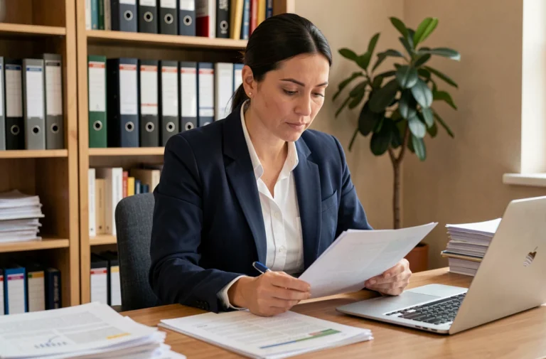Femme en blazer marine examinant des documents de formation sur un bureau en bois dans un bureau à domicile