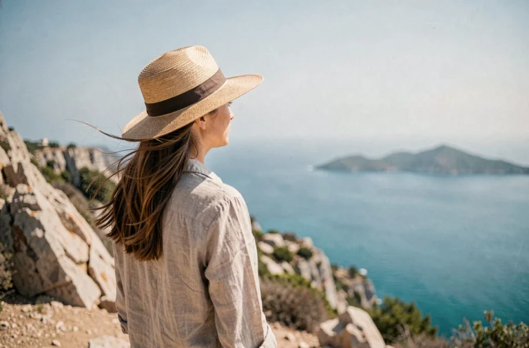 Femme au chapeau de paille contemplant la mer depuis une falaise méditerranéenne lors d'un voyage inoubliable