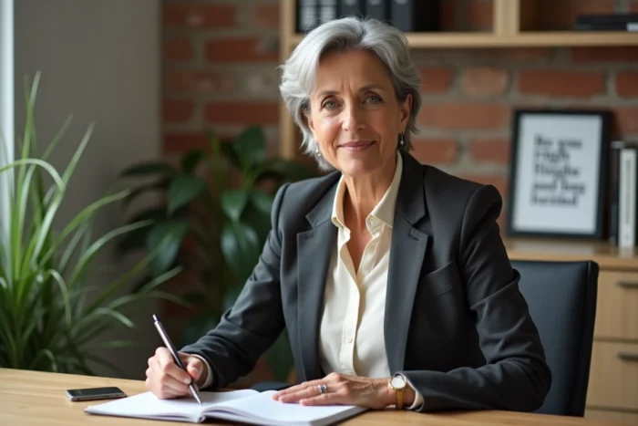 Femme leader réfléchissant à sa vision stratégique dans un bureau minimaliste, en lien avec les principes de leadership de John Maxwell