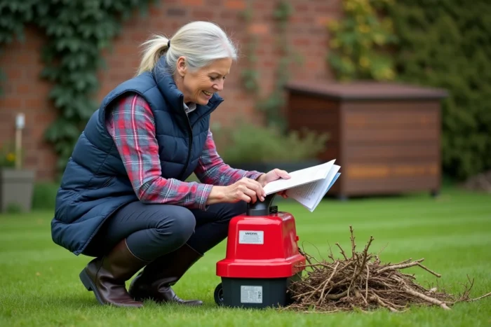 Femme consultant le manuel du broyeur de végétaux Mantis 3000W avant utilisation dans un jardin résidentiel