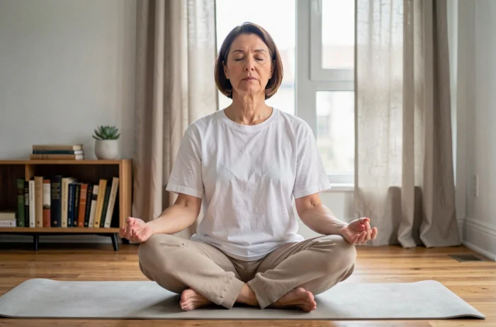 Femme mature en méditation seule chez elle sur un tapis de yoga, illustrant comment bien vivre la solitude et surmonter l'isolement