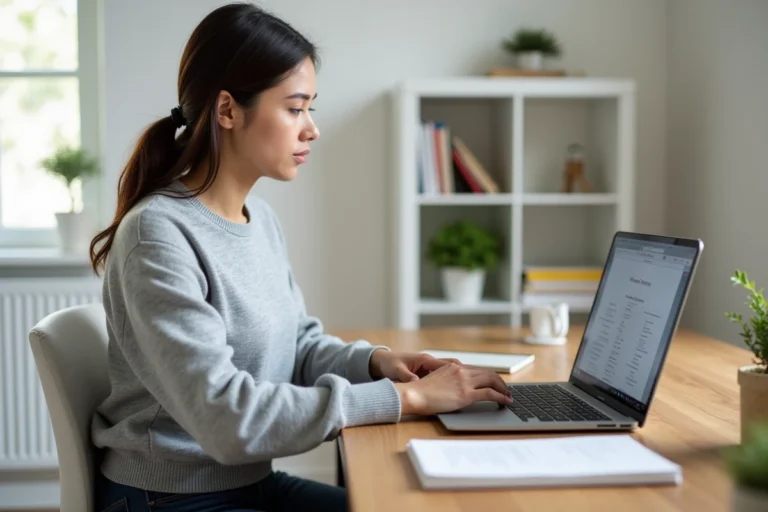 Femme naviguant sur le plan du site Sportivoz depuis un ordinateur portable dans un bureau à domicile