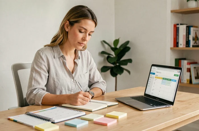 Femme organisée utilisant un outil de gestion de tâches sur ordinateur portable dans un bureau à domicile moderne