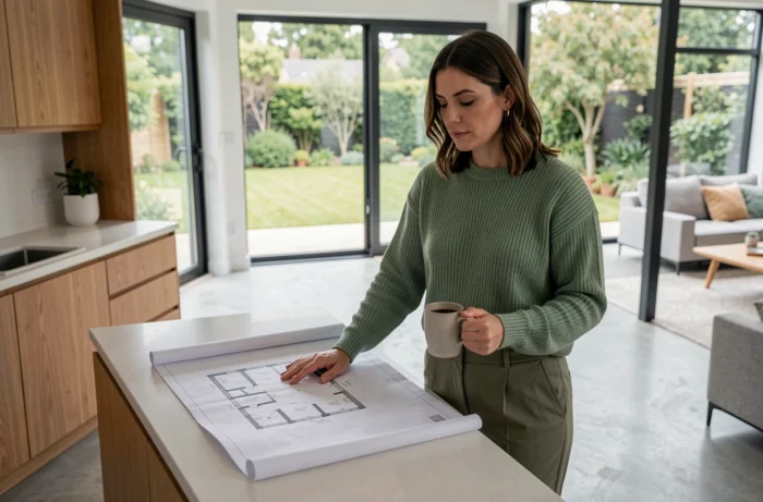 Une femme étudiant des plans architecturaux dans une cuisine moderne en open space, lors de la recherche de la maison familiale idéale