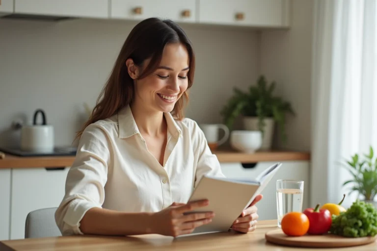 Femme consultant le programme pack 3 semaines Naturhouse à la maison pour maîtriser son budget santé
