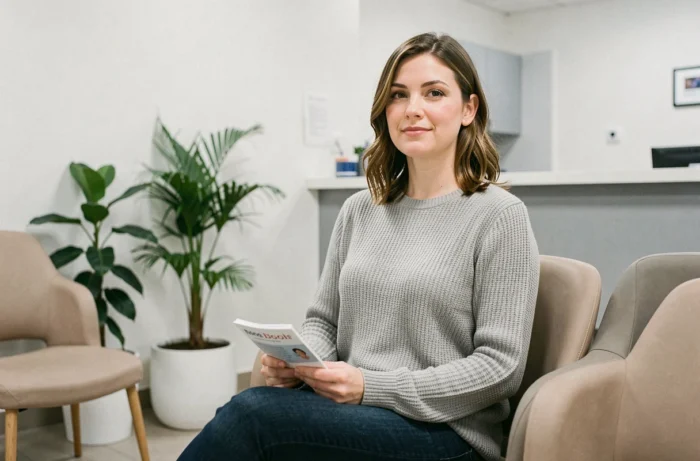 Femme assise dans une salle d'attente gynécologique moderne, tenant un carnet de santé, atmosphère médicale apaisante