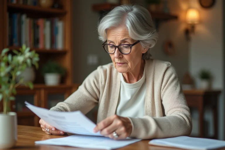 Femme senior organisant ses documents de retraite complémentaire Agirc-Arrco à la maison