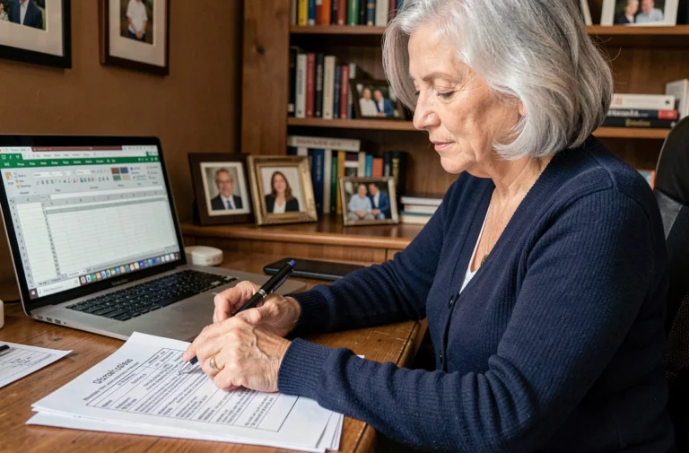 Femme de 60 ans analysant un simulateur viager sur tableur Excel dans un bureau à domicile