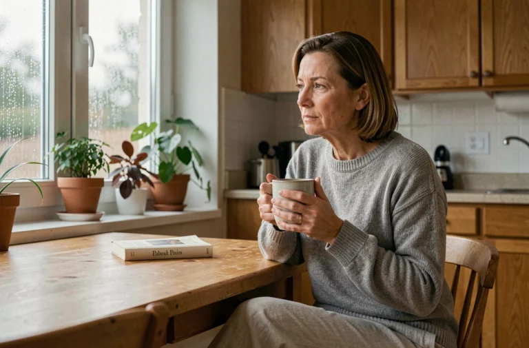 Femme seule à une table de cuisine tenant une tasse, regardant par la fenêtre sous la pluie, illustrant la solitude au quotidien