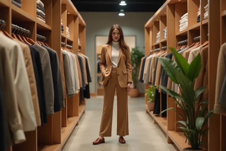 Femme élégante en blazer camel parcourant les rayons d'une boutique de mode tendance