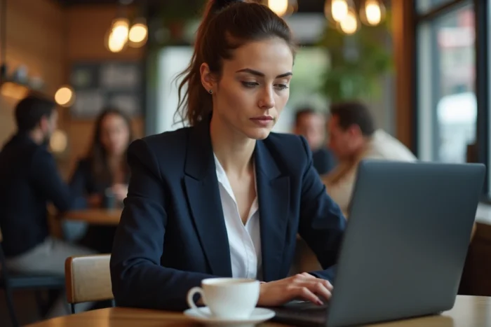 Femme utilisant un VPN dans un café urbain pour protéger sa vie privée en ligne