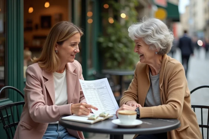 Deux femmes discutant du plan de repas Naturhouse pack 3 semaines en terrasse pour optimiser leur budget santé