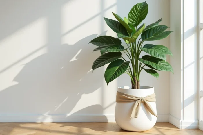 Ficus lyrata en grand pot blanc avec ruban cadeau dans un salon contemporain comme présent de mariage