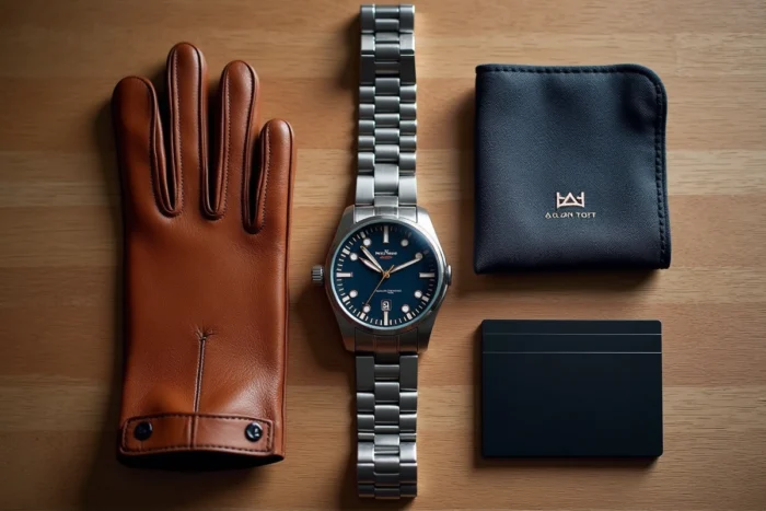 Composition flat-lay d'accessoires de luxe : montre mécanique suisse, gants en cuir cognac, pochette en soie et porte-cartes mat