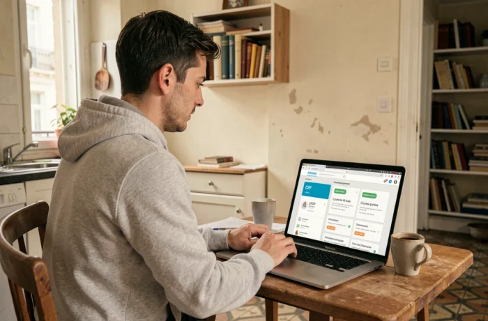 Homme suivant une formation professionnelle en ligne via le Compte Personnel de Formation depuis son appartement parisien