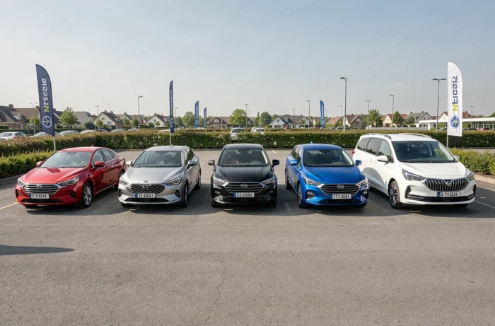 Gamme complète de véhicules neufs disponibles chez City Automobiles, alignés sur le parvis du concessionnaire