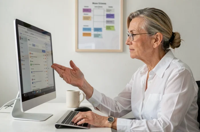 Femme d'âge mûr gérant ses messages sur une boîte mail Akeonet depuis un ordinateur de bureau