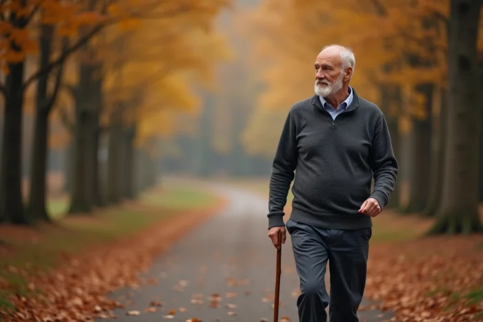 Homme actif de 65 ans se promenant seul sur un sentier forestier en automne avec une canne en bois