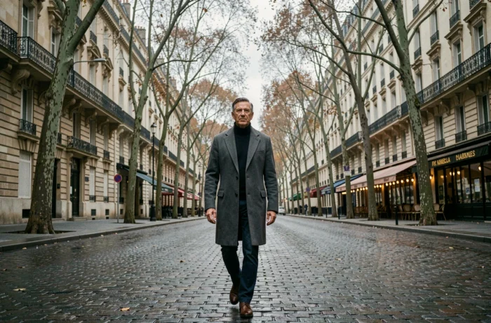 Homme d'affaires en manteau gris marchant sur un boulevard parisien en automne avec façades haussmanniennes et pavés mouillés