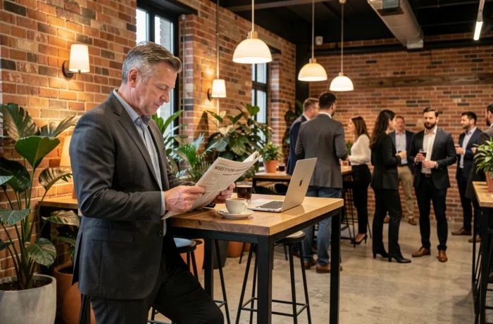 Homme d'affaires lisant la presse économique dans un espace de coworking contemporain