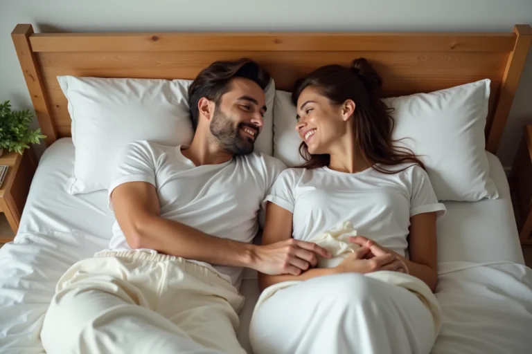 Couple amoureux allongé sur un lit avec draps blancs, homme regardant tendrement sa partenaire, ambiance romantique et intimiste