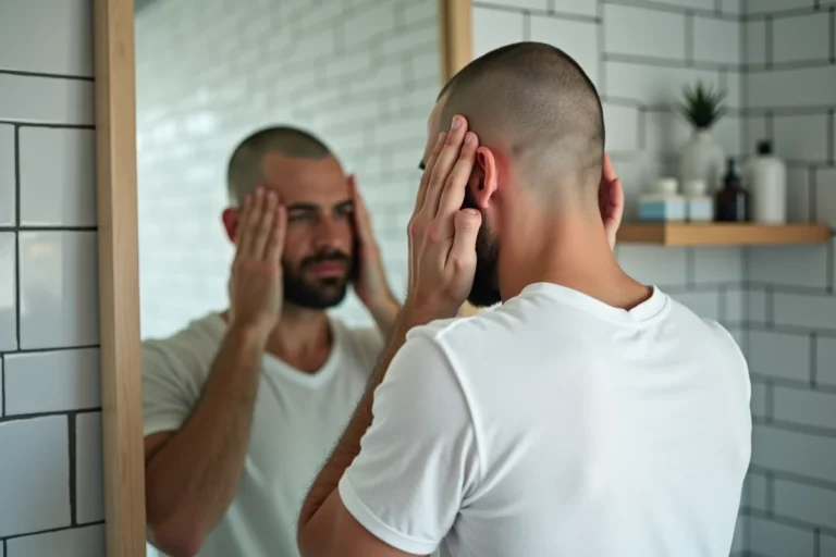 Homme de 35 ans se rasant la tête et examinant la forme de son crâne devant un miroir de salle de bain moderne