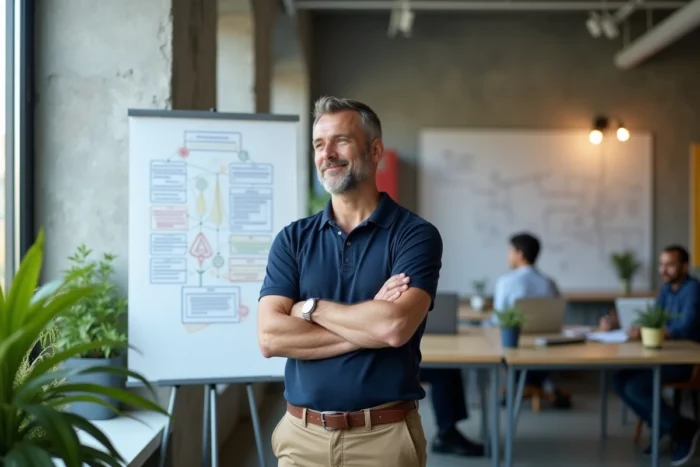 Homme en bureau consultant un plan de site web imprimé affiché sur un tableau blanc