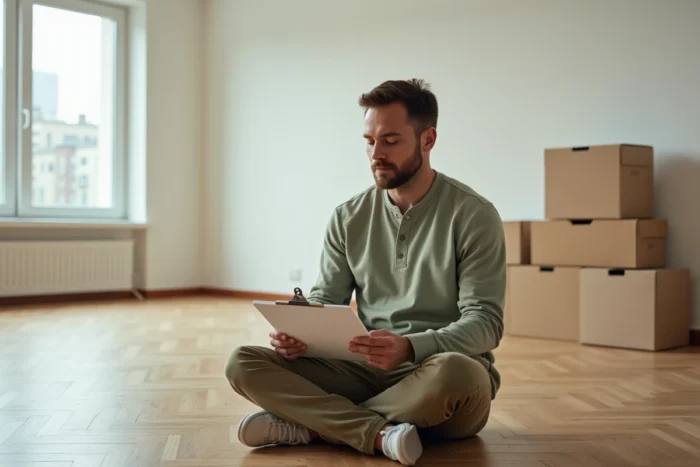 Homme consultant une liste de contrôle de déménagement dans un appartement vide et lumineux prêt à être aménagé