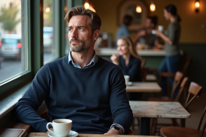 Homme élégant et pensif attablé dans un café parisien traditionnel, atmosphère intimiste et journalistique