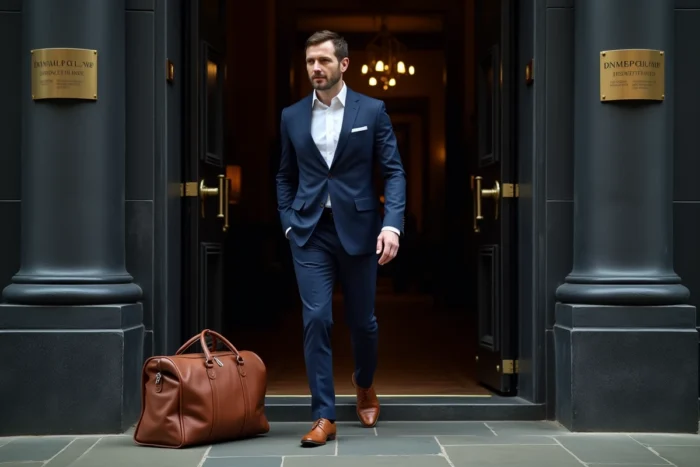 Homme en costume en laine marine sortant d'un club privé avec une porte en pierre et un sac en cuir, atmosphère luxe discret