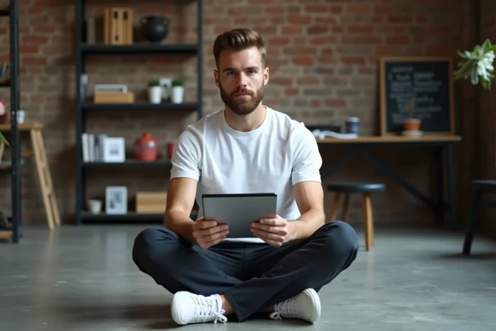 Homme lisant des articles incontournables sur le web et le digital sur une tablette dans un espace de coworking