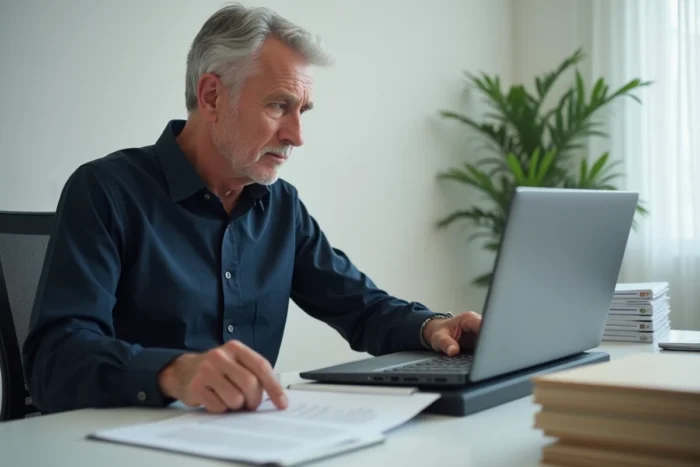 Homme numérisant ses documents de retraite pour les transmettre à l'Agirc-Arrco en ligne