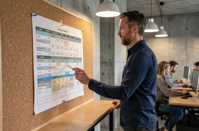 Homme professionnel consultant un planning de projet dans un bureau collaboratif en open space
