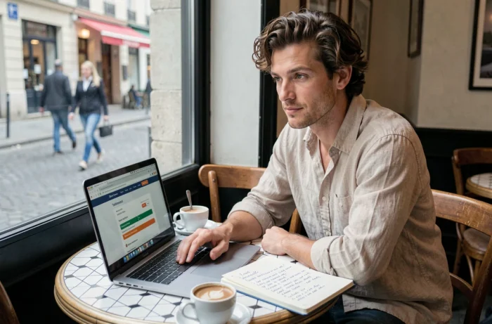 Jeune homme consultant un programme de formation en ligne dans un café avec un carnet de notes ouvert