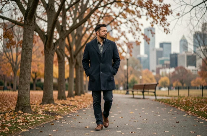 Homme seul se promenant dans un parc urbain en automne, illustrant l'isolement et la solitude en ville