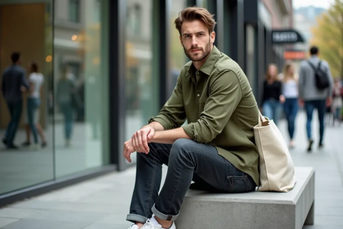 Homme en style streetwear tendance assis sur un banc urbain dans une rue commerçante moderne