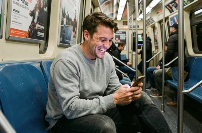 Jeune homme français souriant à son smartphone dans le métro parisien, symbolisant la consommation d'humour décalé sur Choualbox en mobilité