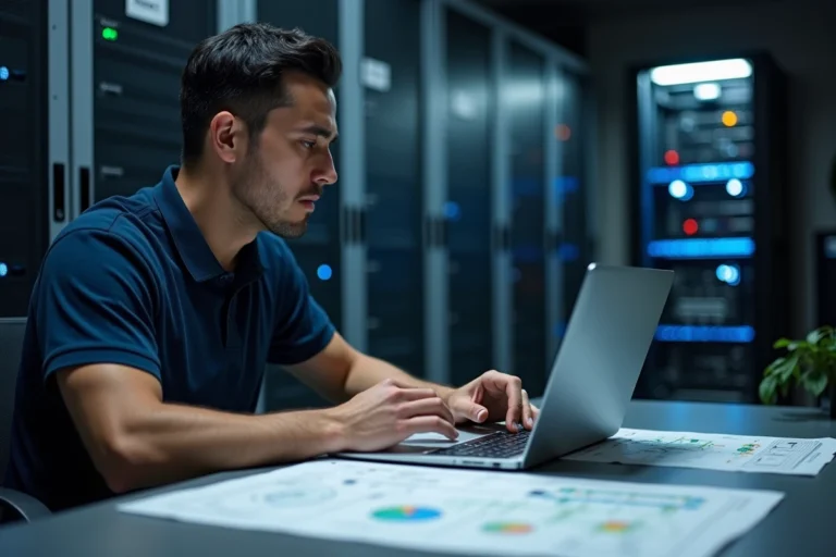 Ingénieur réseau informatique analysant des schémas de topologie réseau dans une salle serveur professionnelle