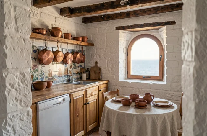 Intérieur rustique d'une maison de pêcheur portugaise rénovée en location de vacances avec poutres en bois, carreaux peints et cuisine en pierre