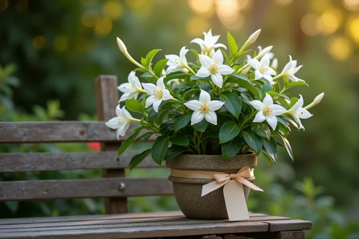 Jasmin étoilé en pot sur treillis en bois avec fleurs blanches et ruban cadeau de mariage