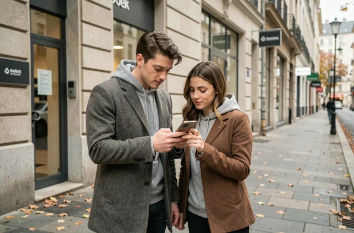 Un jeune couple consulte une application bancaire devant une agence en ville lors d'une journée d'automne