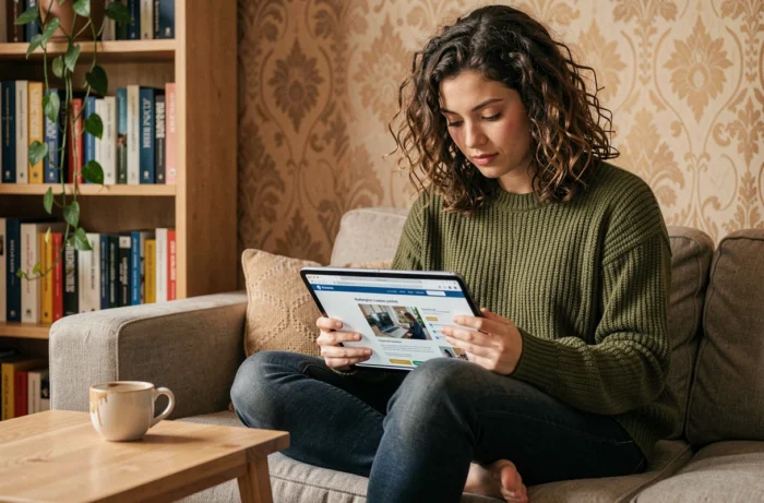 Jeune femme consultant des conseils marketing en ligne sur une tablette dans un espace de travail à domicile