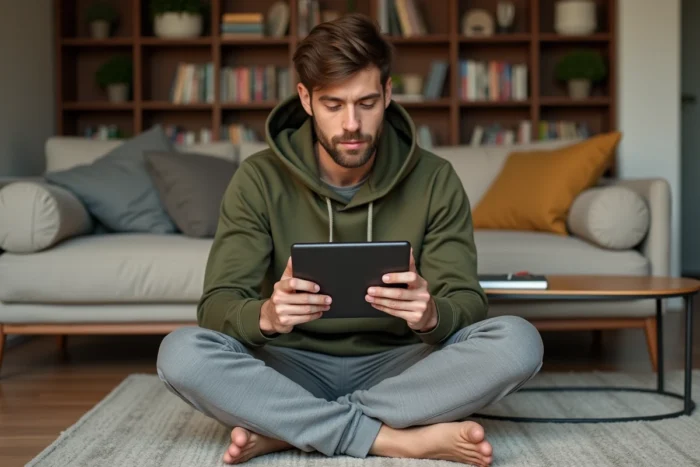 Jeune homme utilisant une tablette pour explorer le plan de navigation du site Sportivoz dans un salon